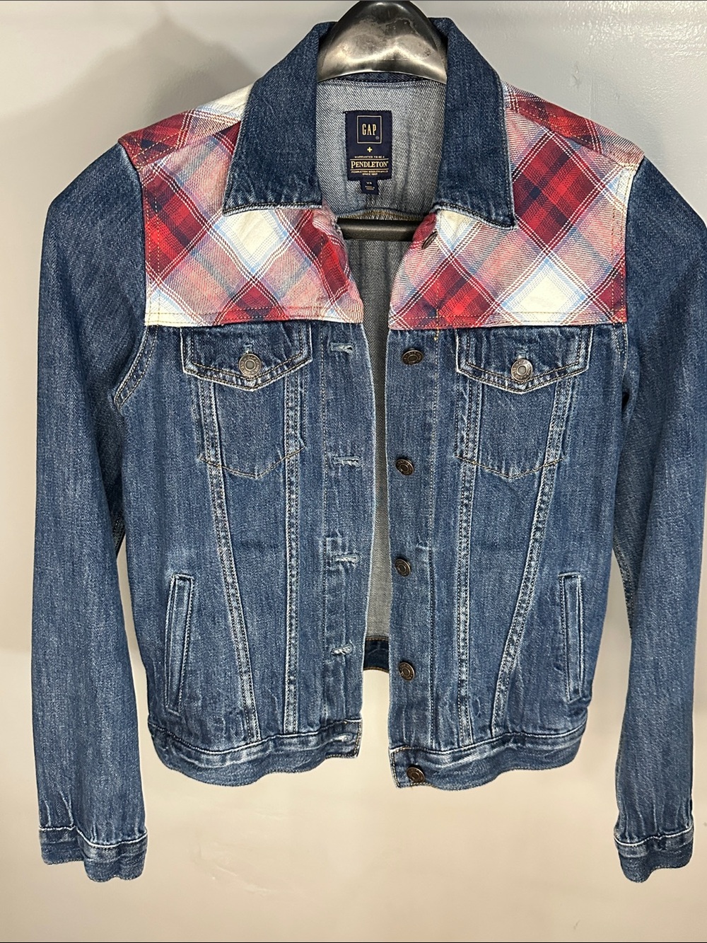 Gap Pendleton Blue Denim Jacket with Red and White Plaid Yoke